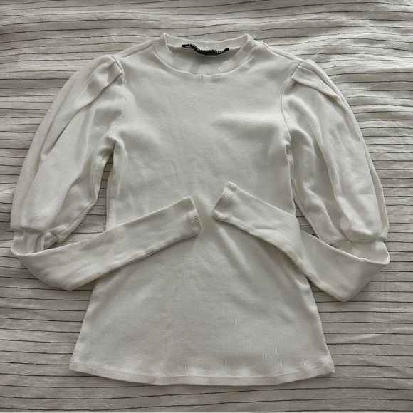 Veronica Beard Lyon Top White Ribbed Puff Long Sleeve Top - Picture 6 of 11